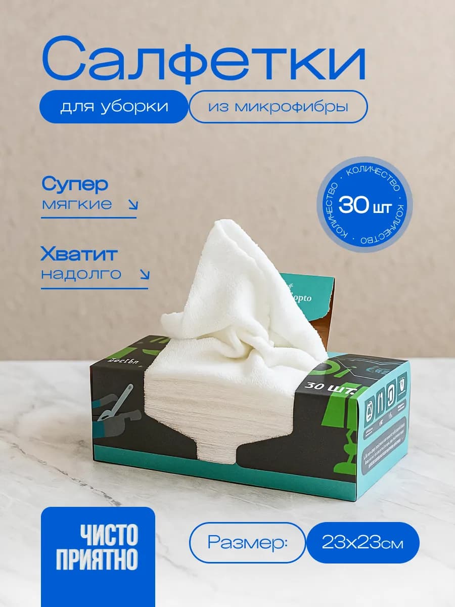 Салфетки для уборки из микрофибры 23х23 см, 30 шт