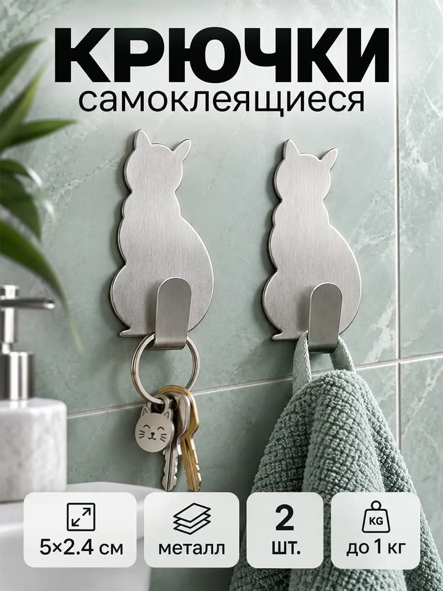 Крючки самоклеящиеся в ванную для полотенец на стену 2 шт