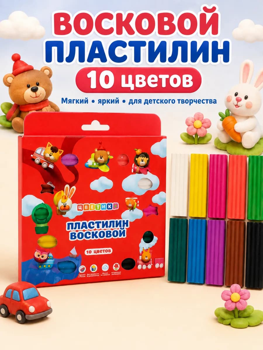 Пластилин восковой 10 цветов