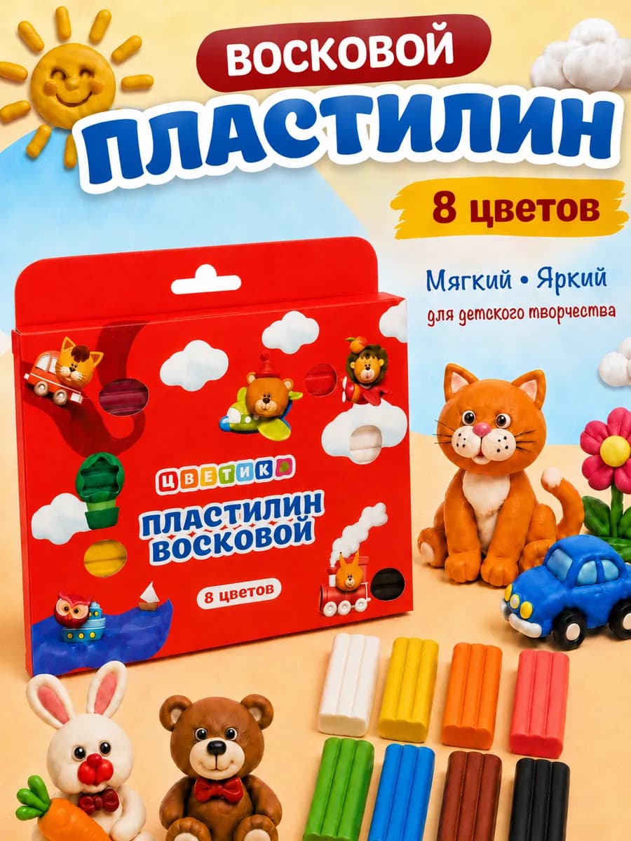 Пластилин восковой 8 цветов