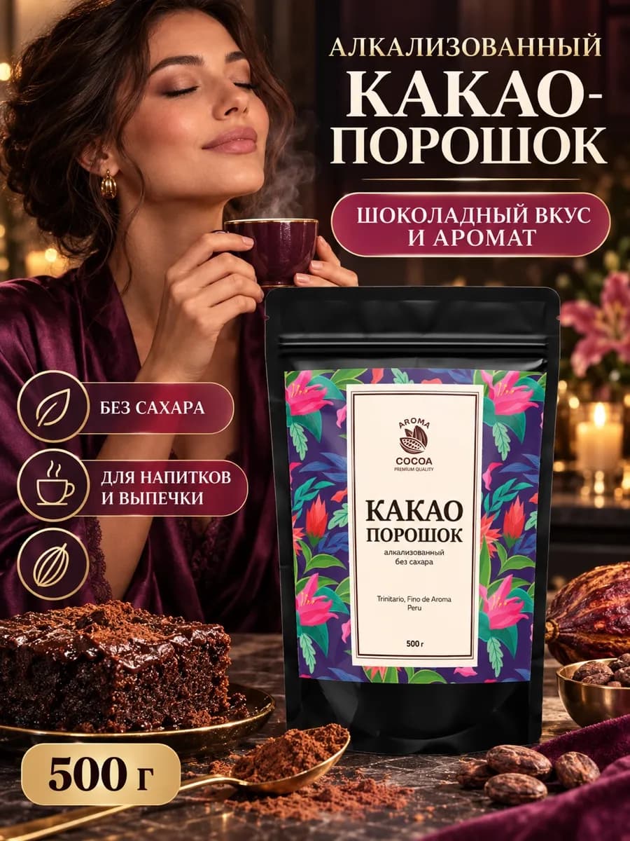 Какао алкализованный для напитков и выпечки, 500 г