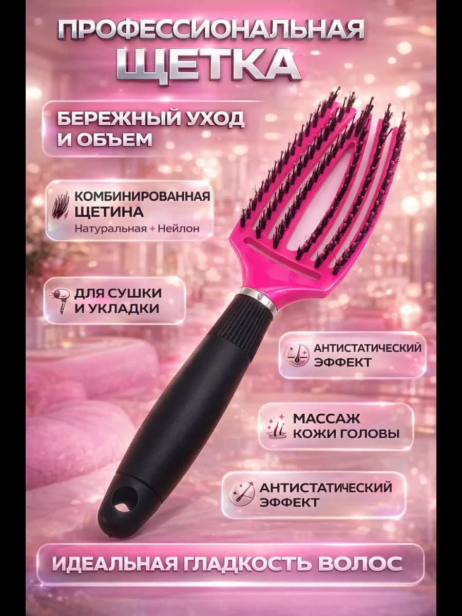 Расческа для укладки волос массажная розовая 1 шт