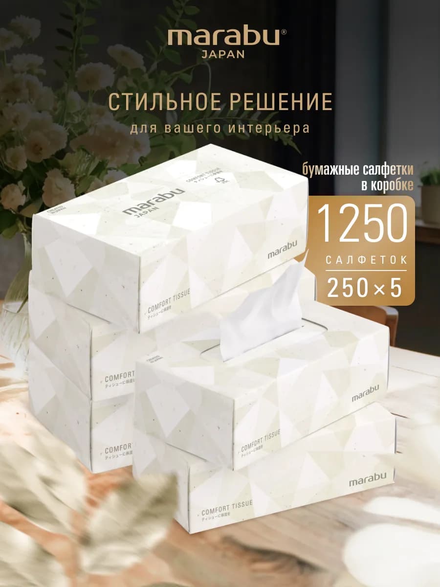 Салфетки бумажные сухие в коробке бокс 1250 шт 5уп по 250шт