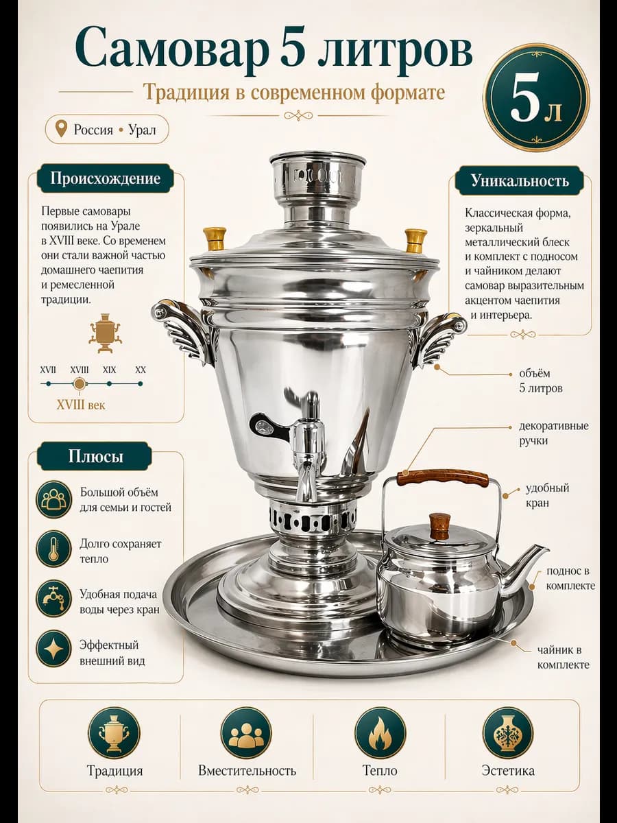 Самовар на дровах 5 л с подносом и заварником жаровой
