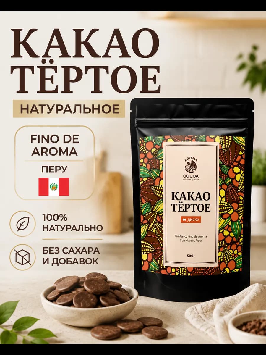 Какао тертое натуральное в дисках Перу, 500 г