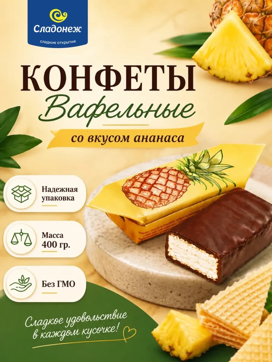 Конфеты вафельные Со вкусом ананаса 400г