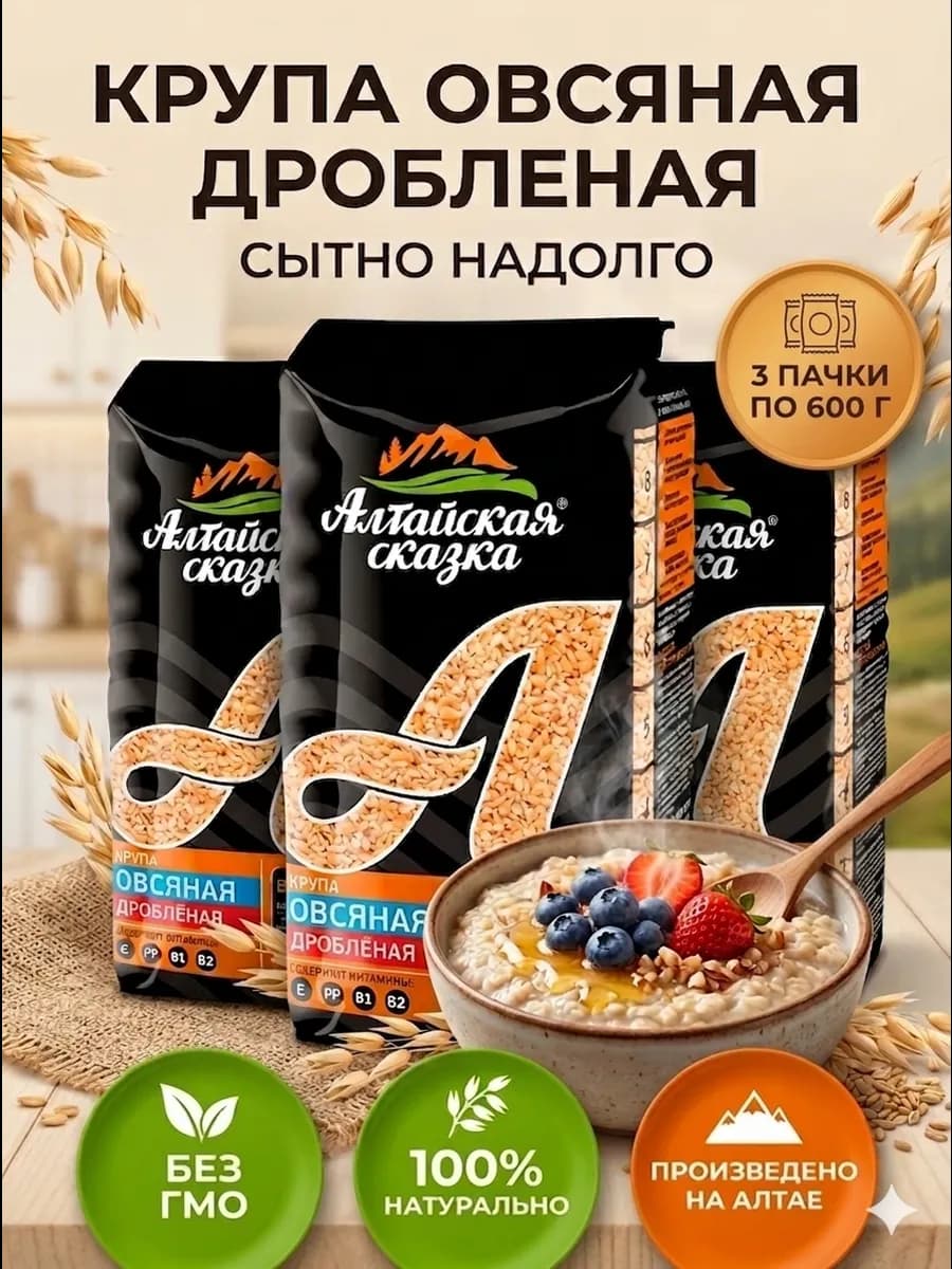 Крупа Овсяная дробленая 600 гр 3шт