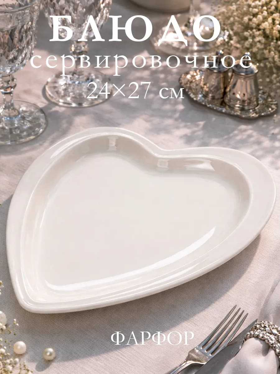 Блюдо сервировочное белое для подачи «Сердце» 24х27 см