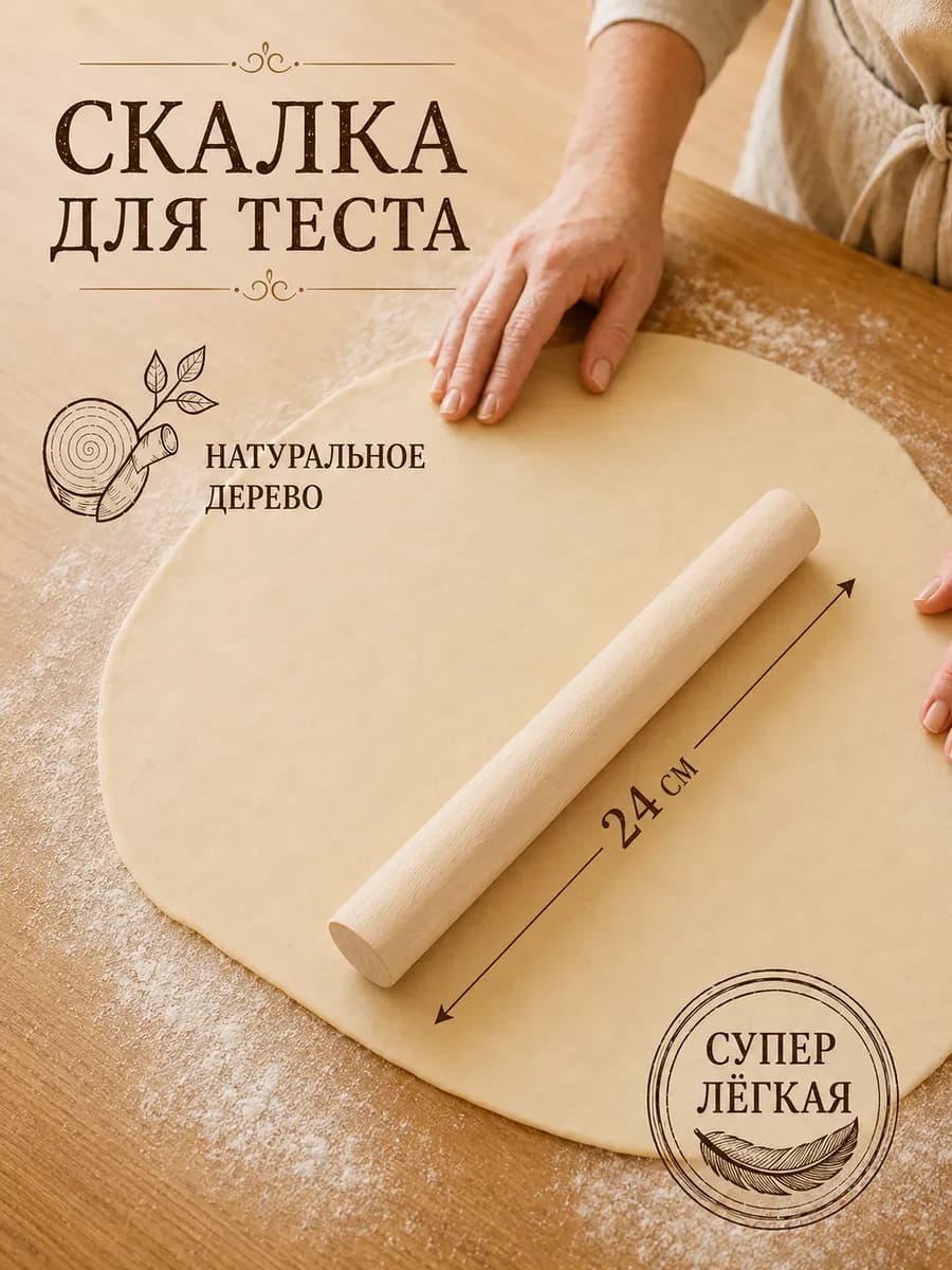 Скалка для теста деревянная прямая, 24 см