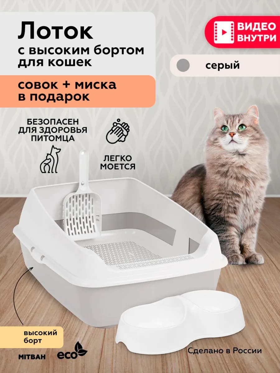 Лоток для кошек большой с бортами, совком и миской