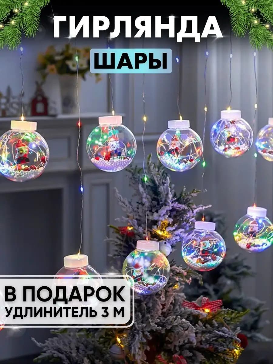 Гирлянда штора на окно новогодняя шары