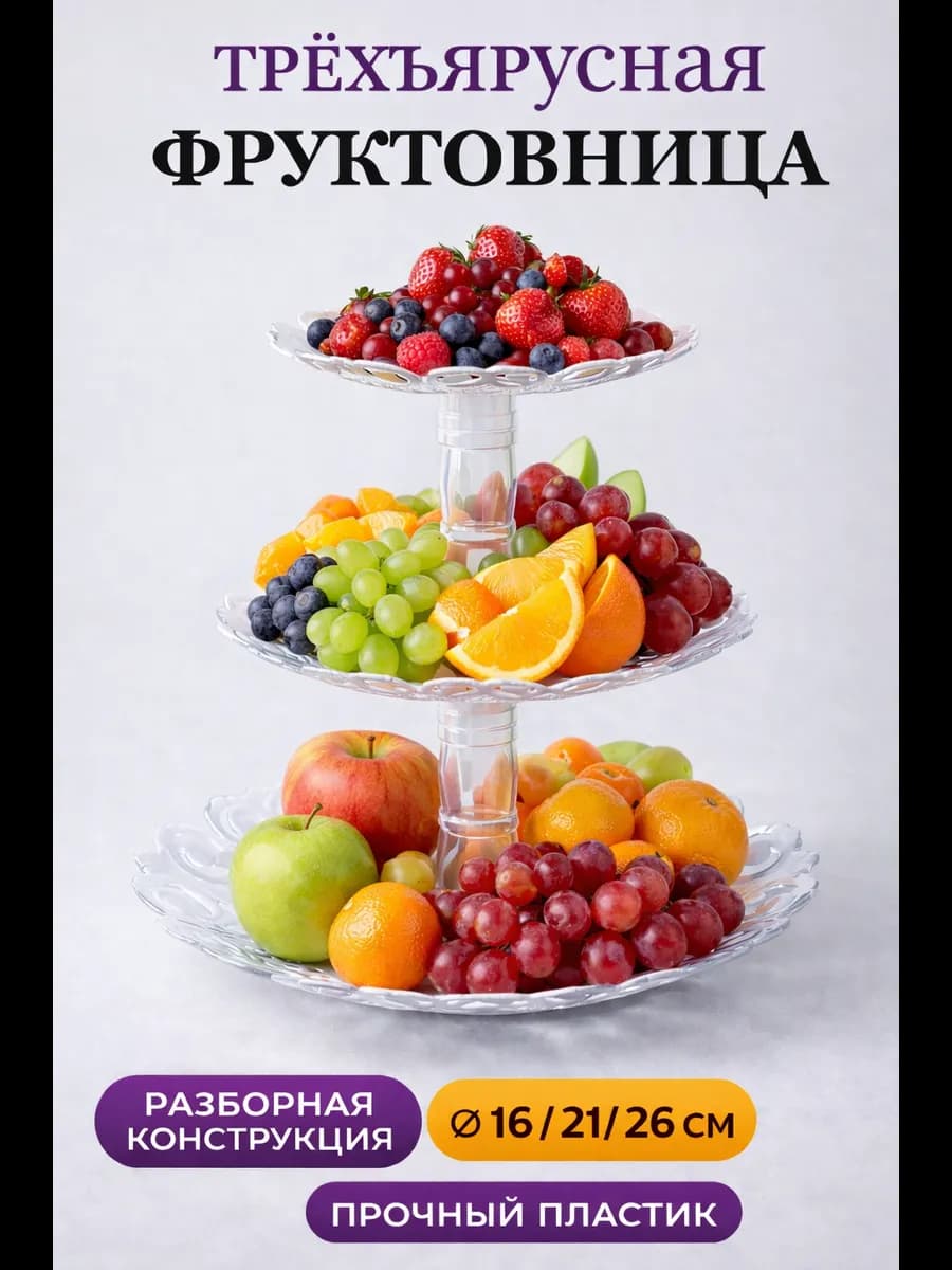 Фруктовница трёхъярусная сервировочная, прозрачная