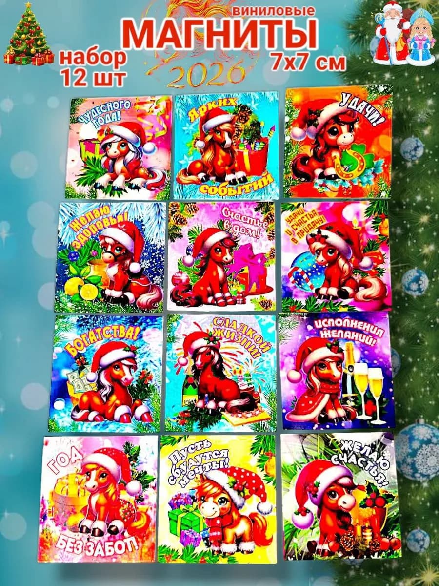 Новогодние магниты на холодильник символ года 2026 Лошадь