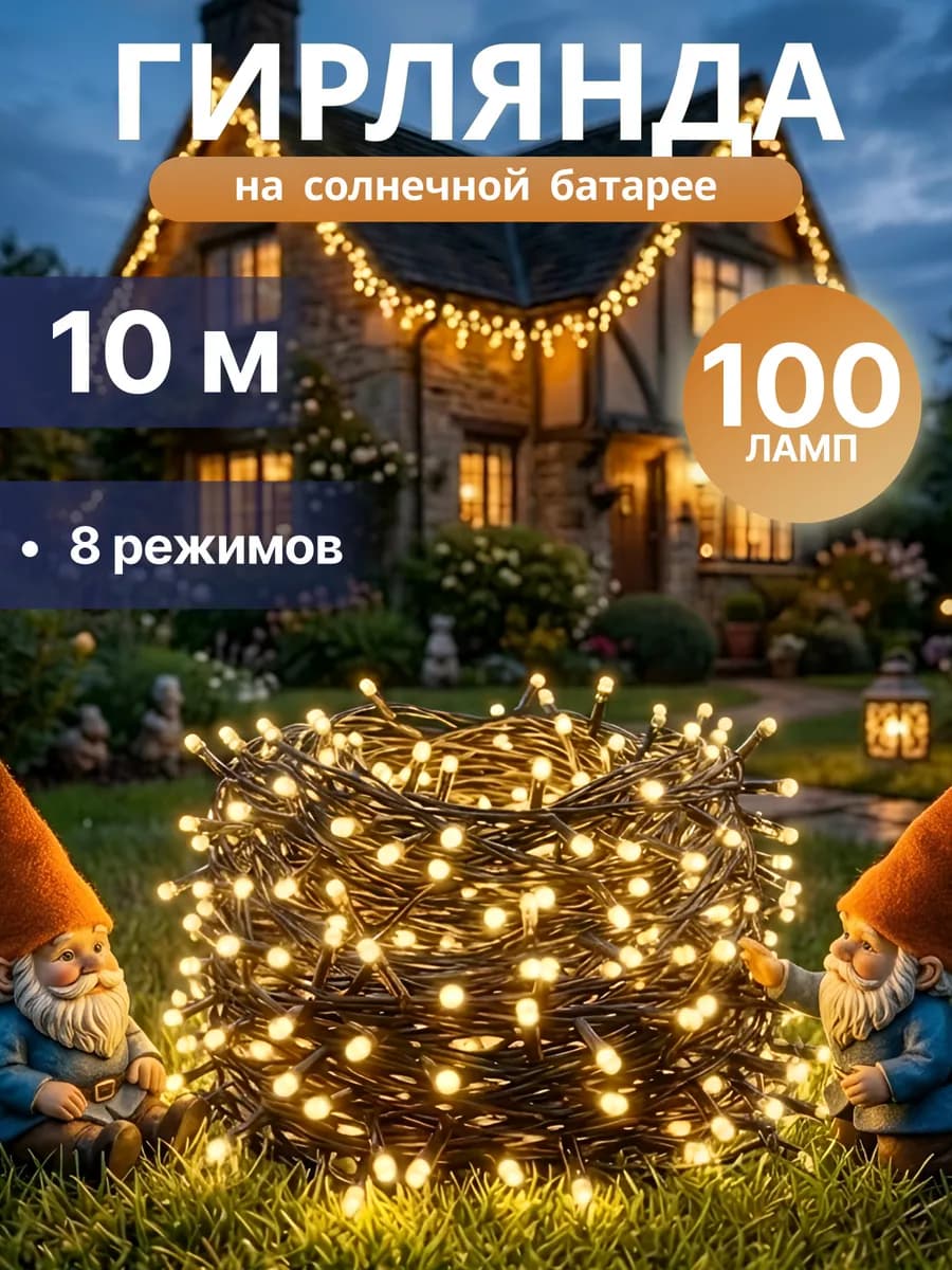Гирлянда уличная на солнечной батарее 10м