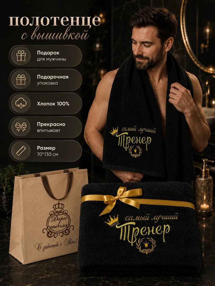 Полотенце банное "Лучший Тренер" 70х130 см черное