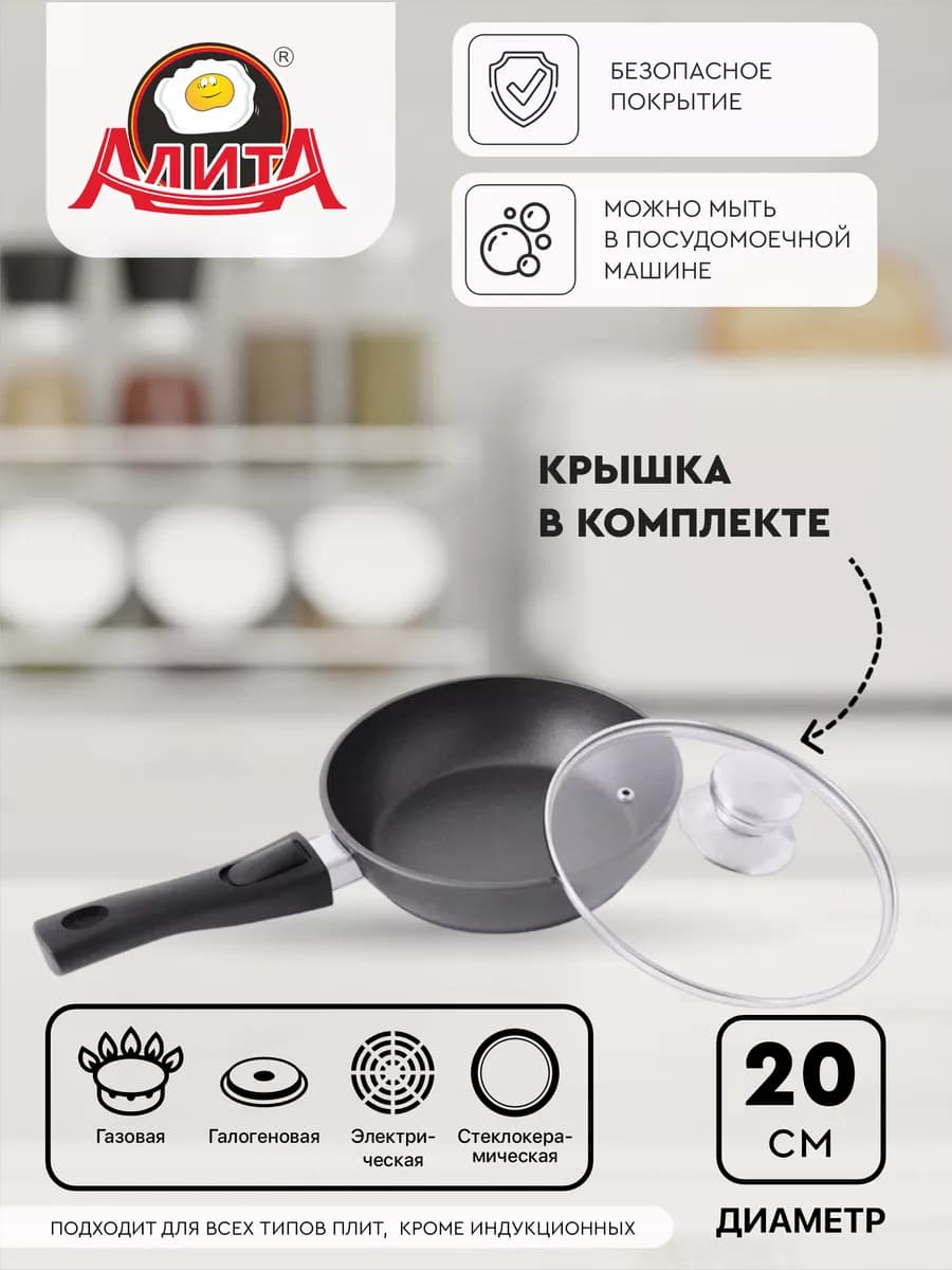 Сковорода с крышкой 20 см маленькая со съемной ручкой