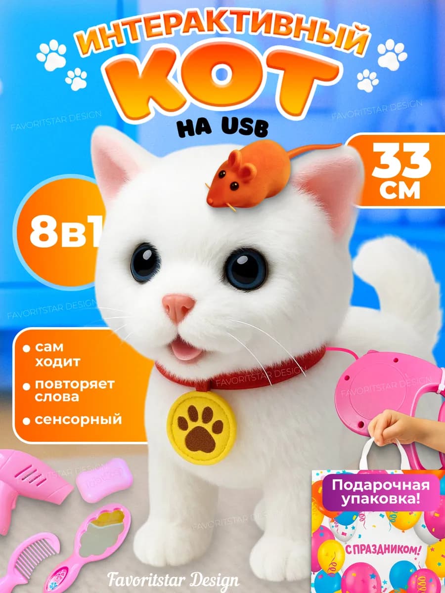 Интерактивная игрушка умный котенок на поводке