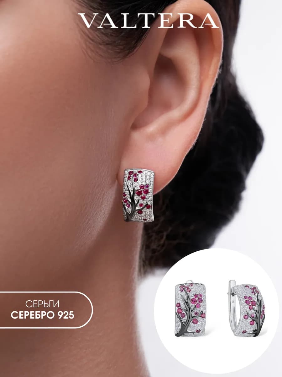 Серьги серебро 925 саккура красный камень