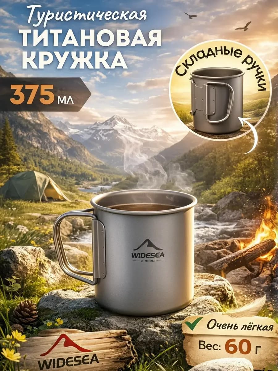 Кружка походная 375 мл туристическая, титановая