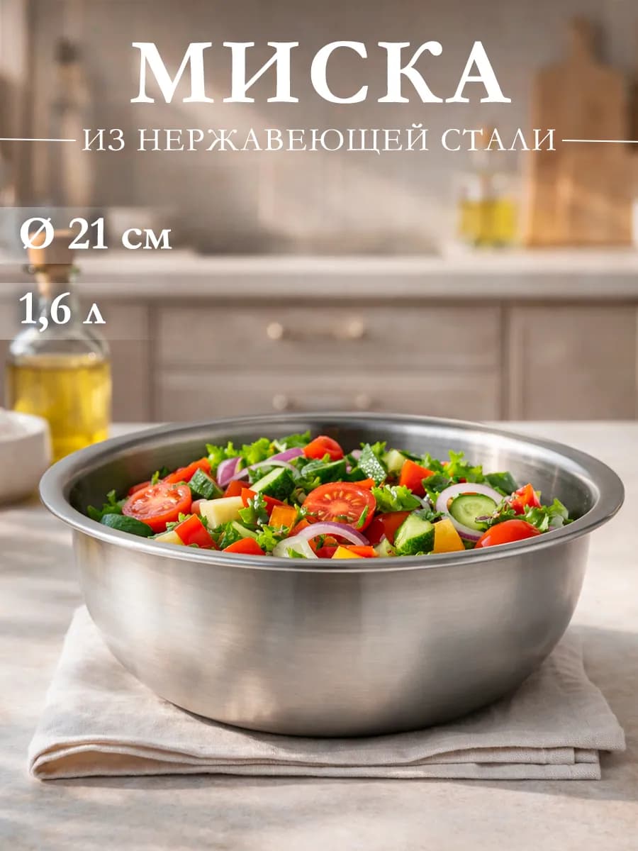 Миска металлическая кухонная 1 6 л d=21 см