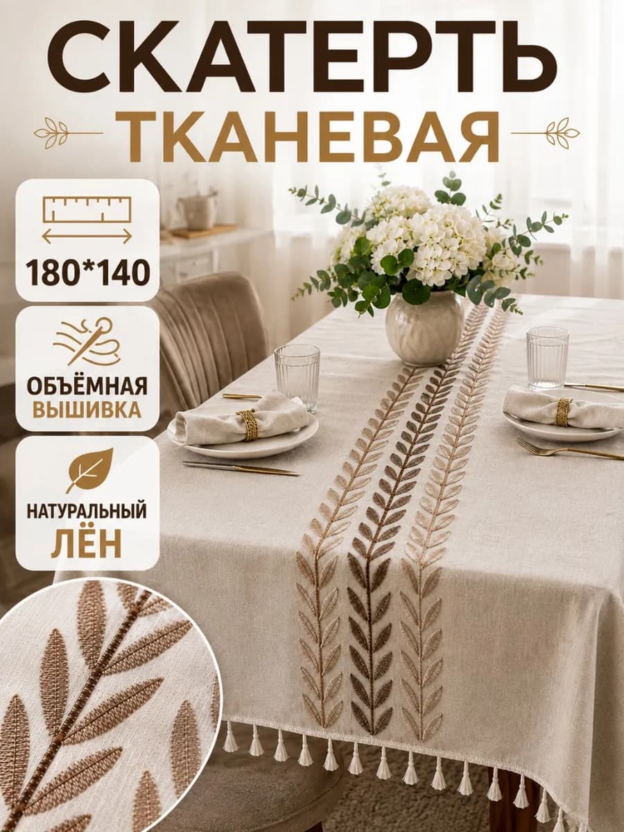 Скатерть тканевая льняная с вышивкой и бахромой 180х140см