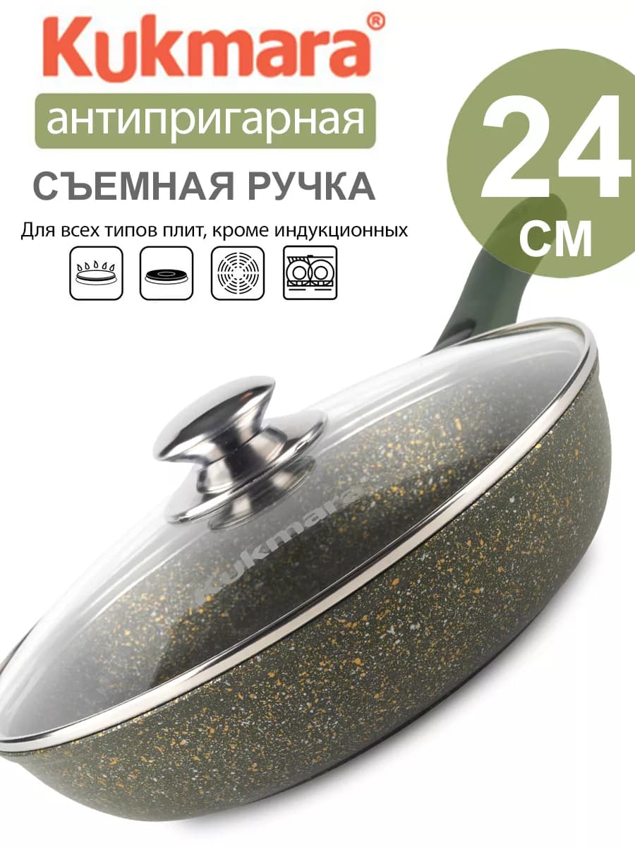 Сковорода антипригарная с крышкой, съемной ручкой 24 см