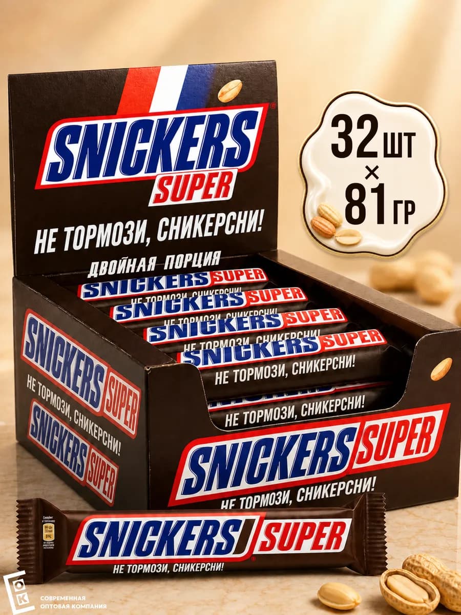 Шоколадный батончик Сникерс Super, 80 г х 32 шт