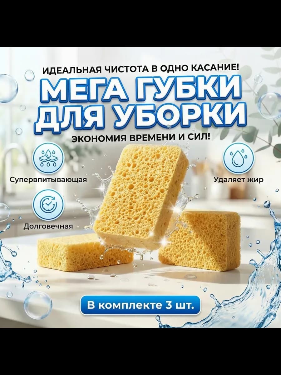 Губки для посуды целлюлозные, хозяйственные набор 3шт