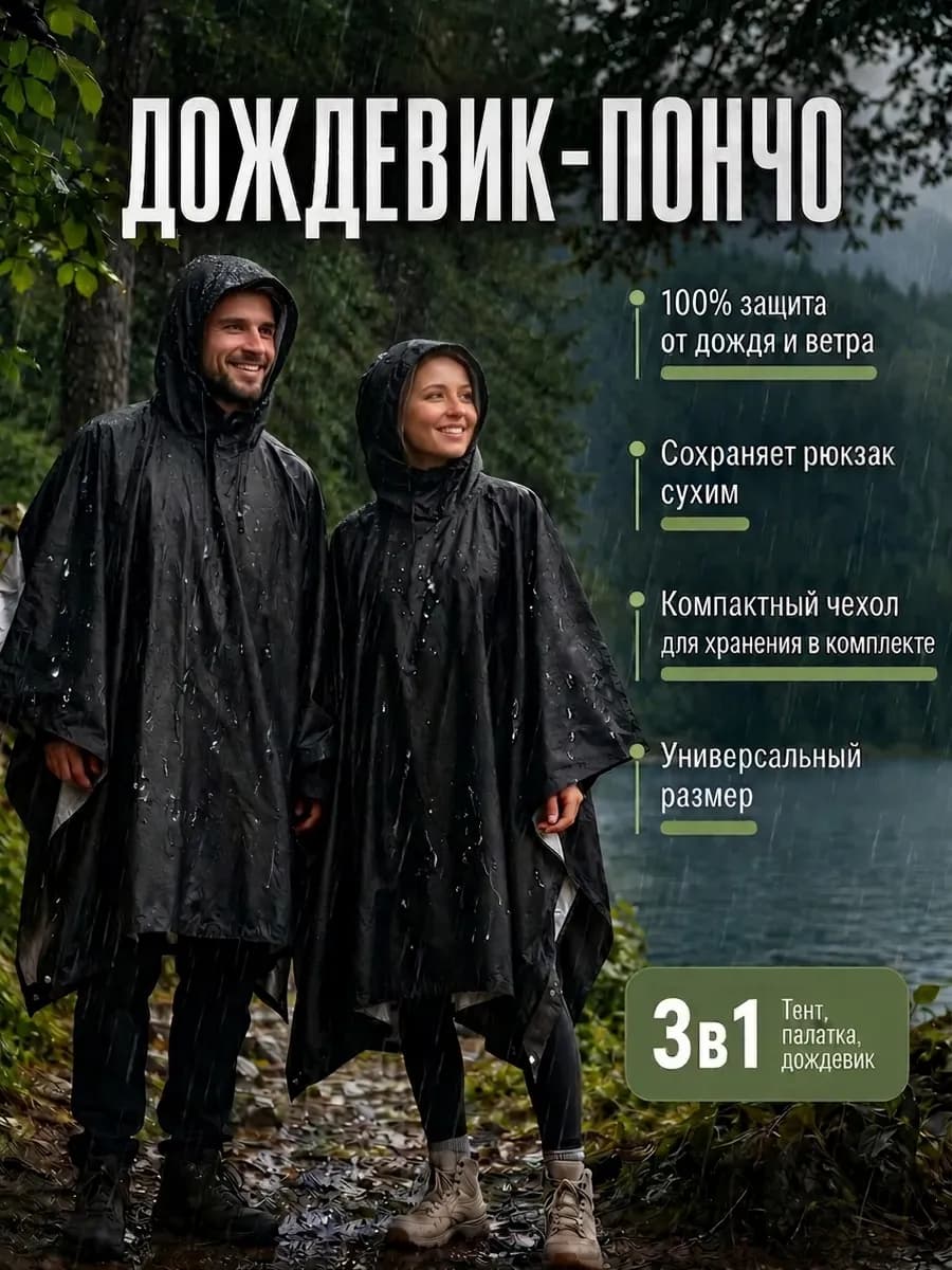 Дождевик пончо с капюшоном непромокаемый