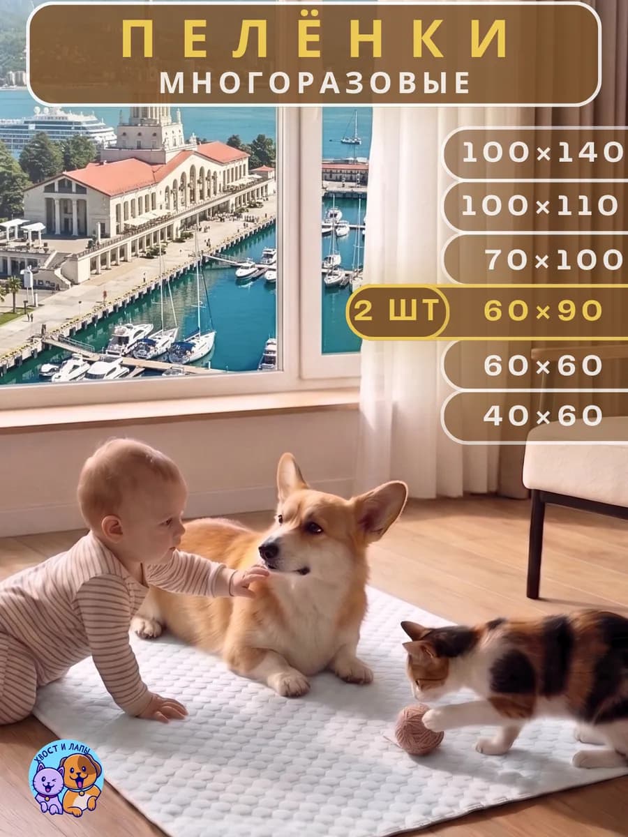 Пеленки многоразовые 60*90 см. для собак 2 шт