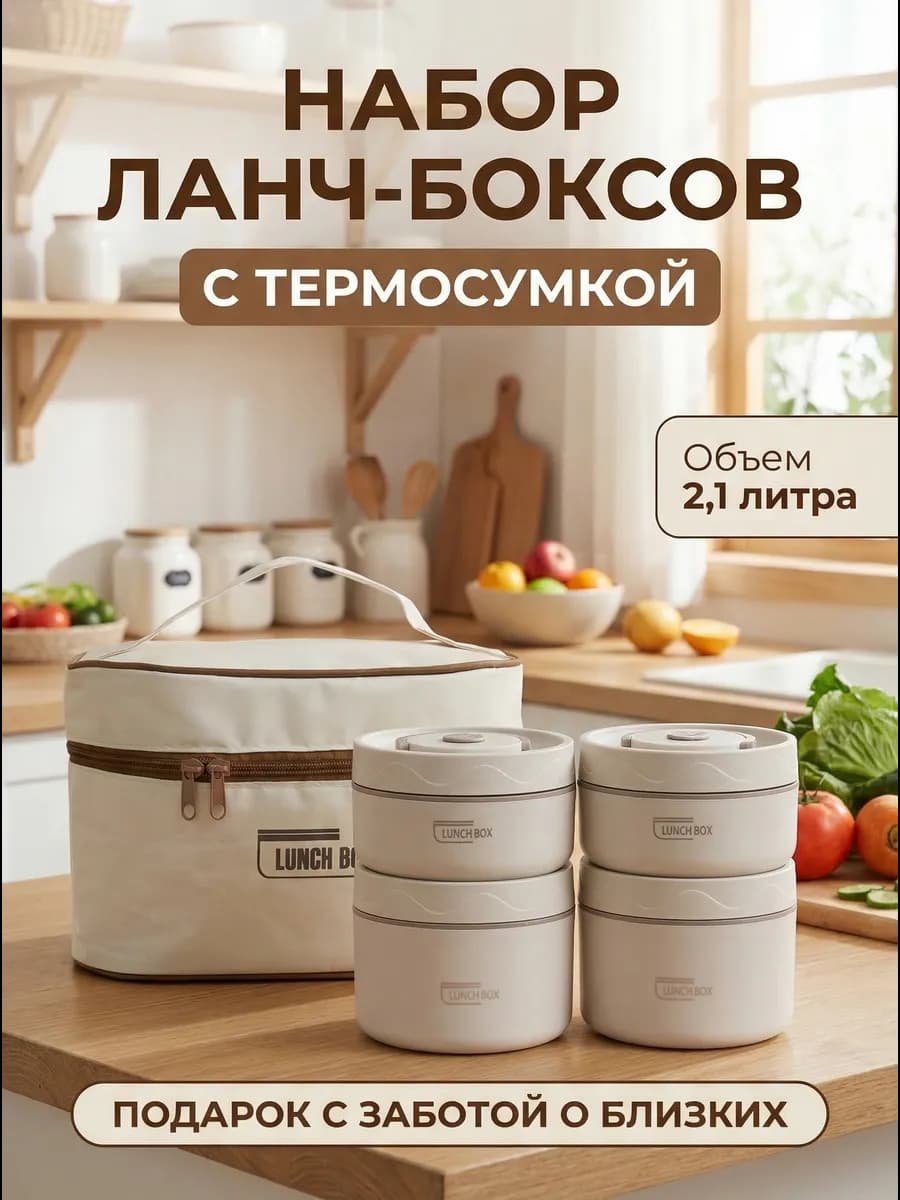 Ланч бокс металлический круглый для еды с термосумкой