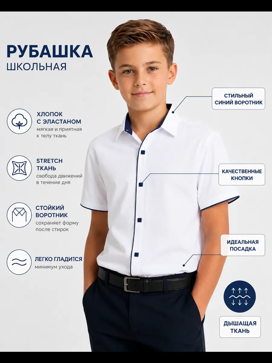 Белая рубашка школьная на кнопках