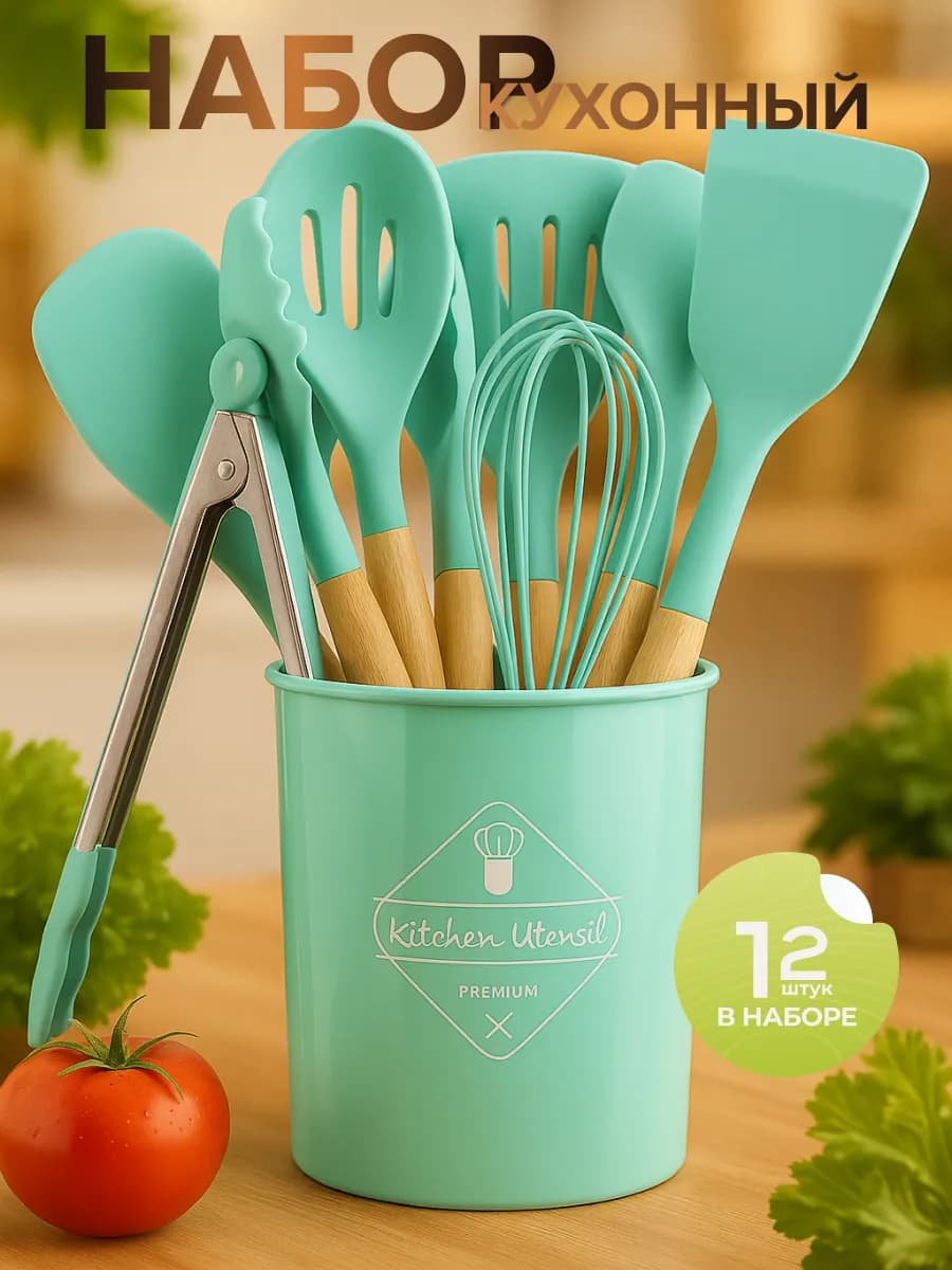 Набор кухонных принадлежностей из силикона и бамбука