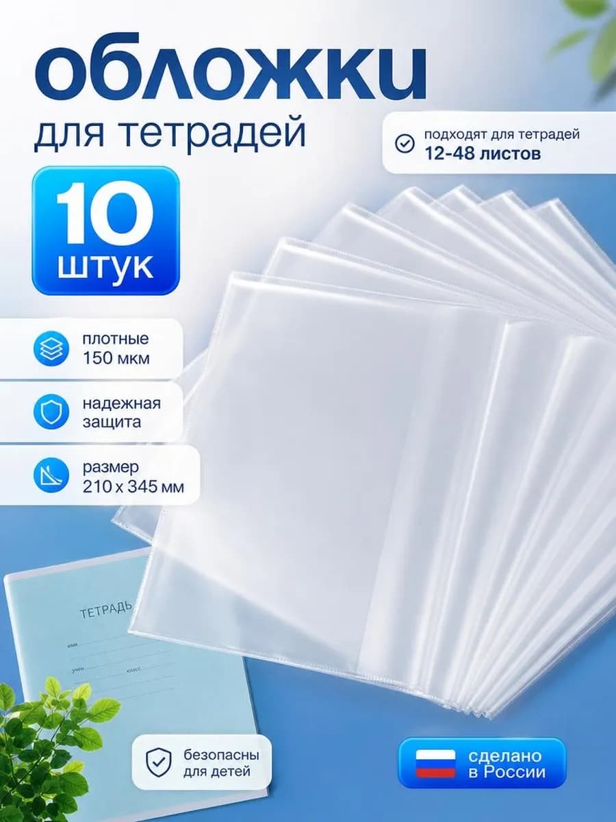 Обложки для тетрадей плотные прозрачные набор 10 штук