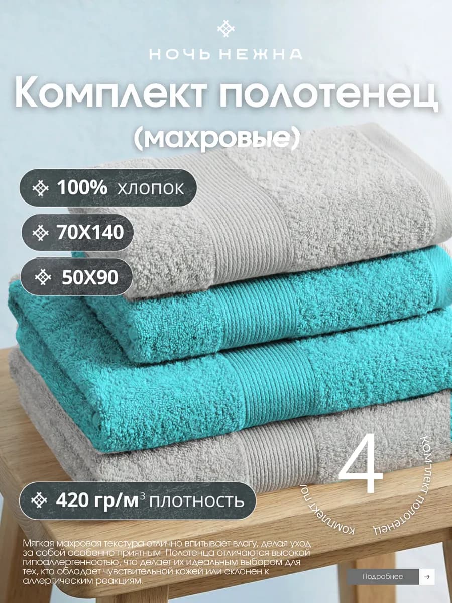 Полотенце банное махровое набор 4 шт