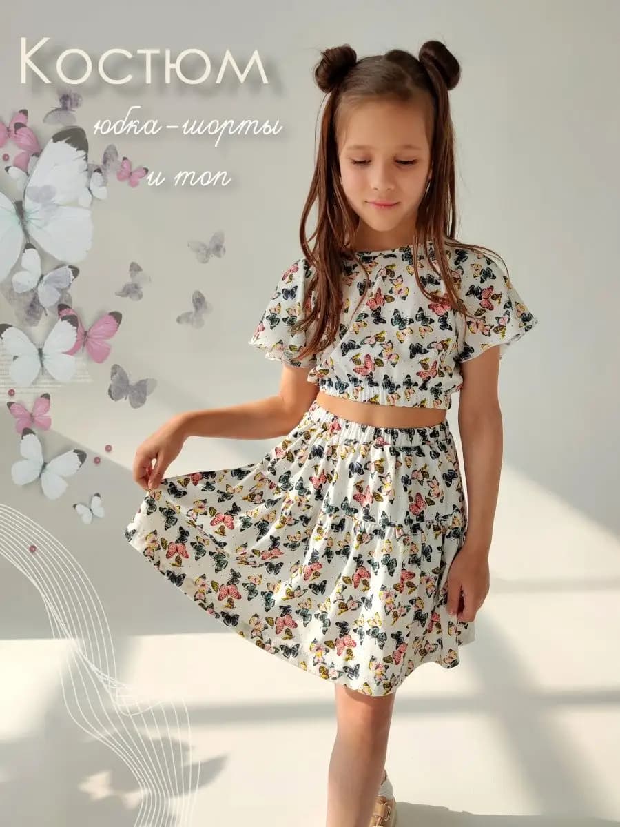Костюм для девочки топ и юбка-шорты из хлопка, р-ры 104-146