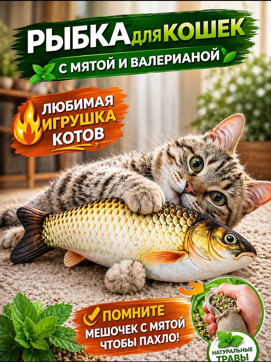 Игрушка для кошек Рыбка с мятой и валерианой