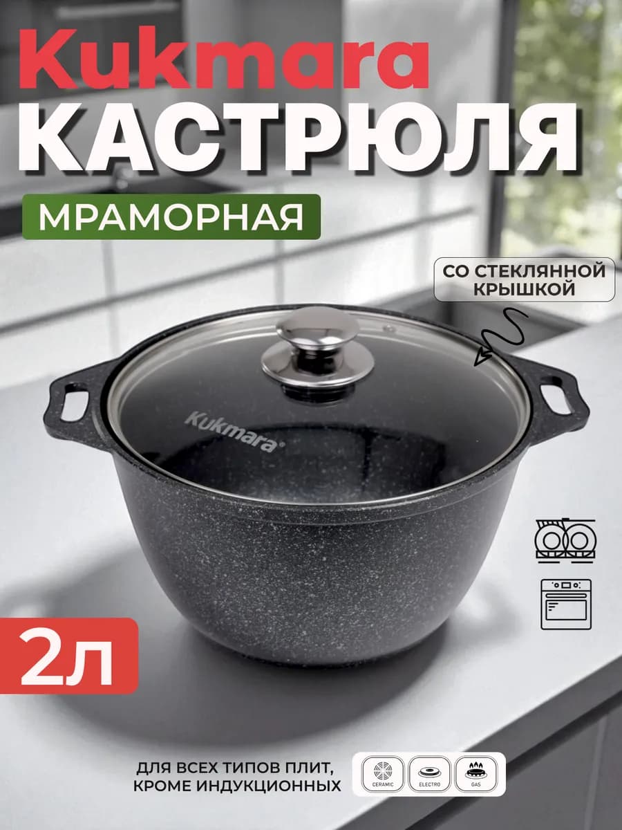 Кастрюля антипригарная 2 литр со стеклянной крышкой