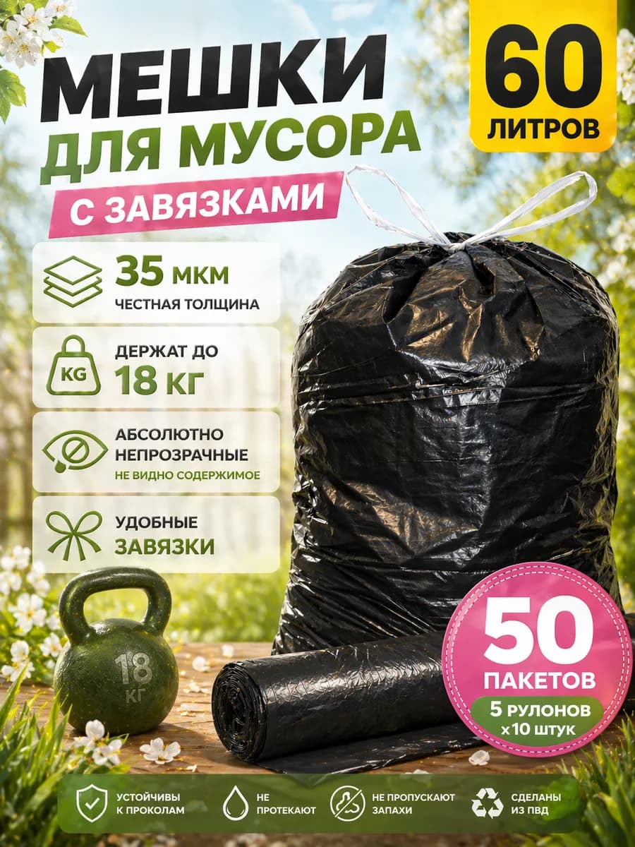 Мешки для мусора 60л прочные с завязками 50 шт