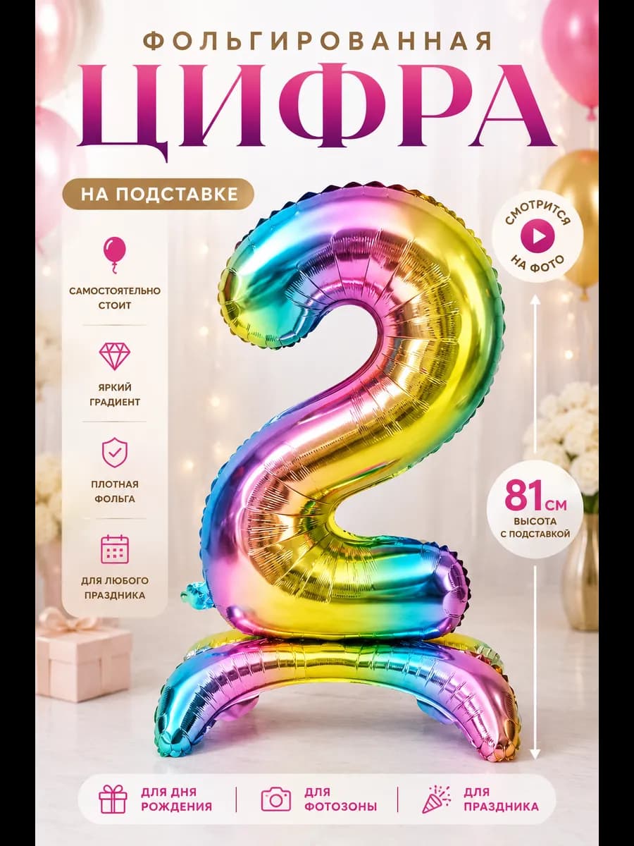 Набор Шарики Фольга Цифры Радужный на подставке
