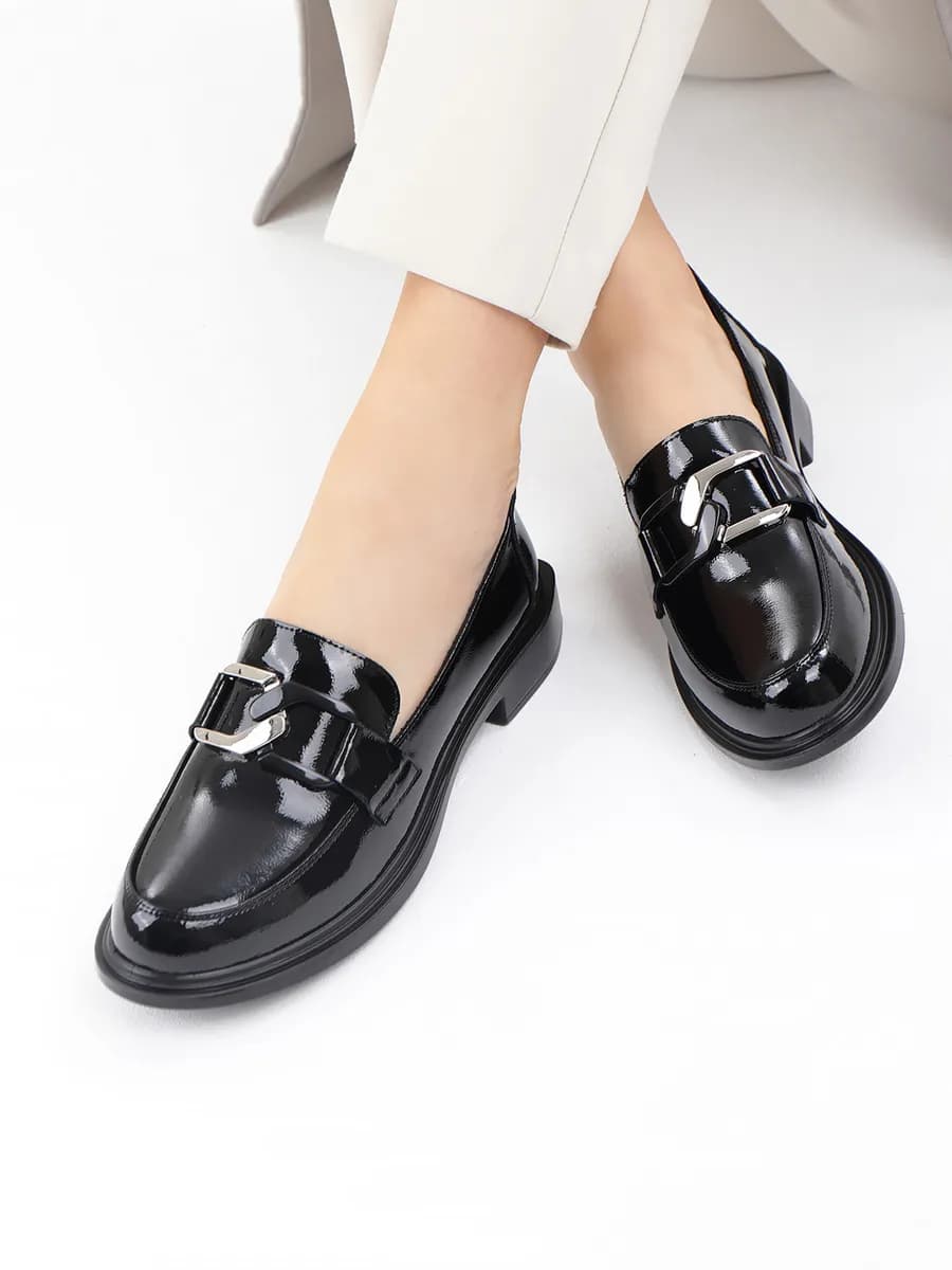 Лоферы натуральная кожа лаковые туфли на низком каблуке - фото 1