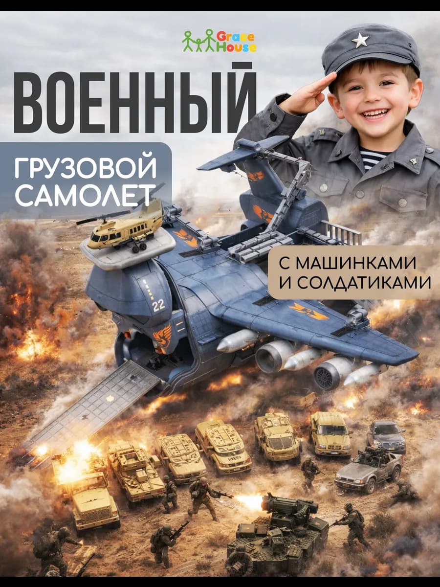 Военный грузовой самолет парковка с машинками и солдатиками