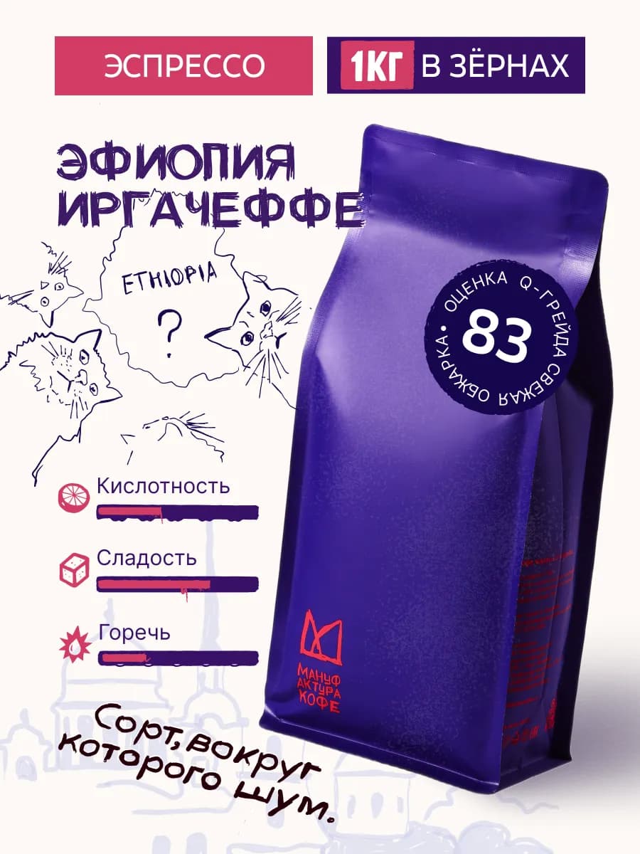 Кофе в зернах Эфиопия Иргачеффе 100% арабика, 1 кг