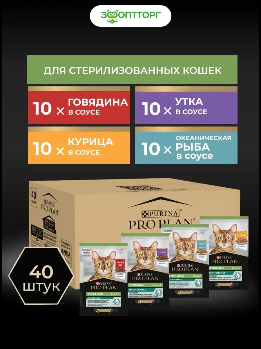 Влажный корм для стерилизованных кошек, Ассорти, 40 шт