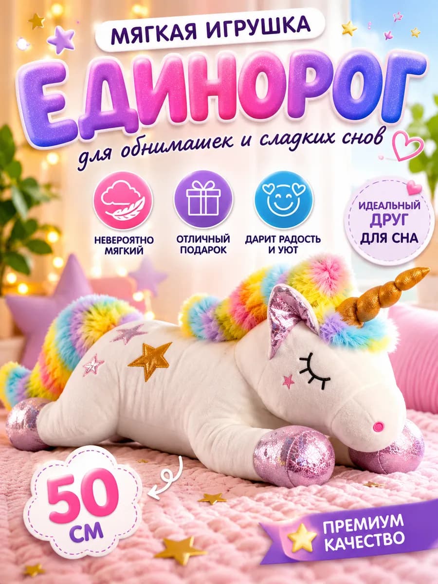 Мягкая игрушка Единорог 50 см,плюшевый единорог для девочки