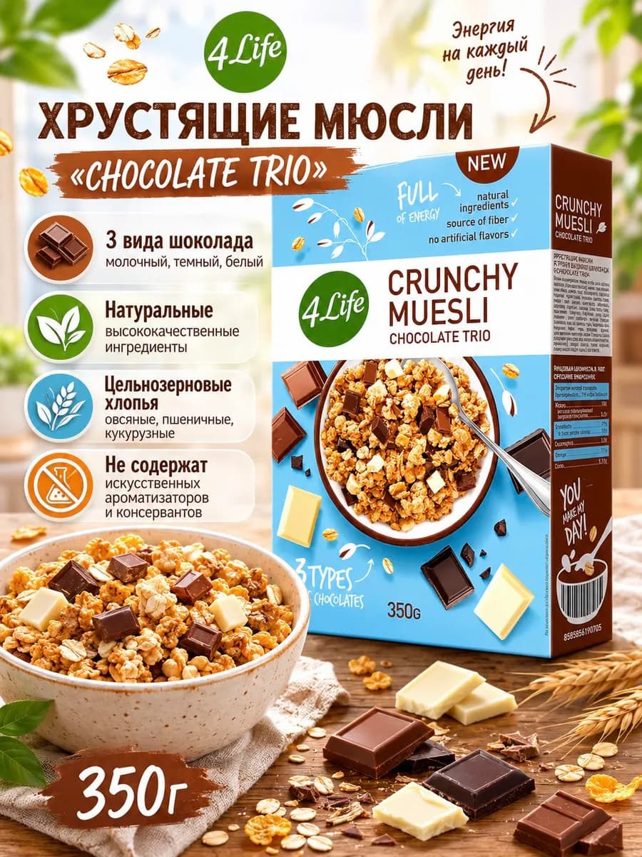 Мюсли 4лайф хрустящие Chocolate trio шоколадные 350г