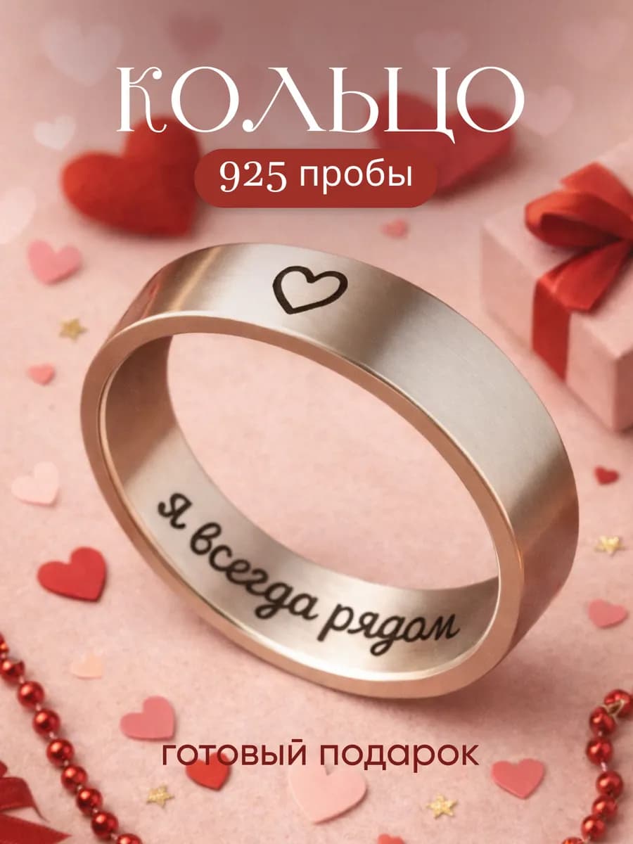 Кольцо серебро сердце с надписью Я всегда рядом 925