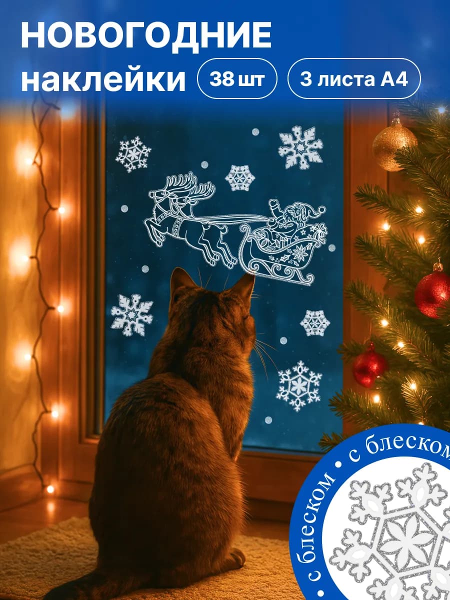 Наклейки новогодние на окна, Дед Мороз и снежинки с блеском