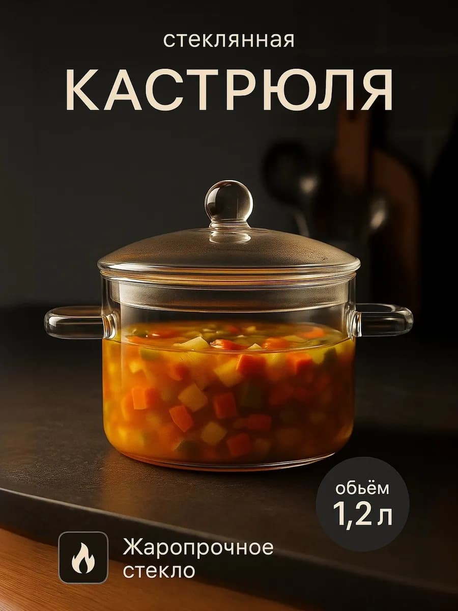 Кастрюля с крышкой из жаропрочного стекла 1,2 л