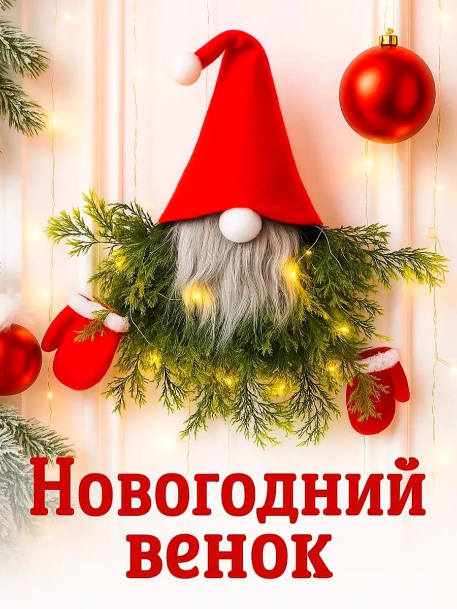 Новогодний венок гном с подсветкой